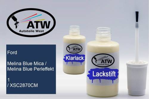 Ford, Melina Blue Mica / Melina Blue Perleffekt, 1 / XSC2870CM: 20ml Lackstift + 20ml Klarlack - Set, von ATW Autoteile West.